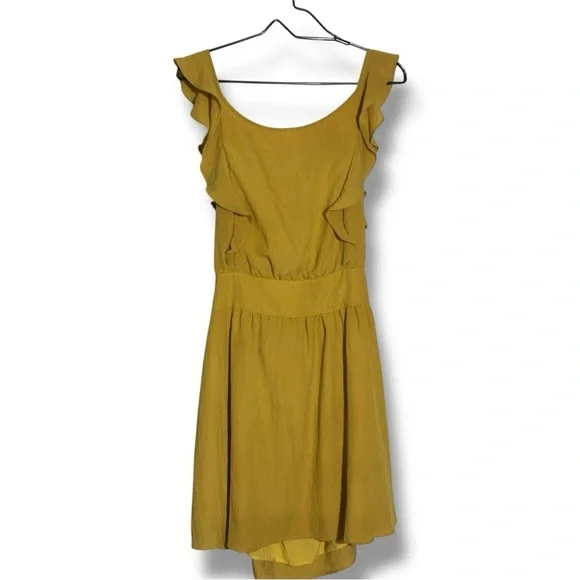 Ivy Chic Mustard Ruffle Sleeves Gathered Waist Cutout Tie Back Mini Dress - Picture 15 of 16